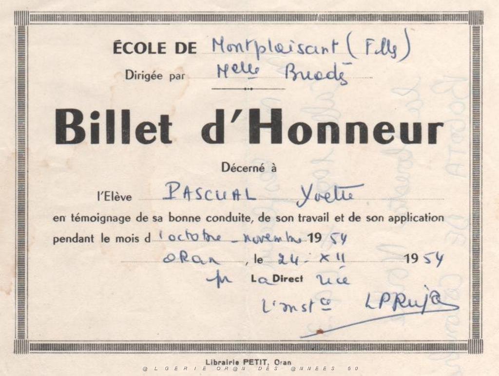 ORAN SCOLARITE ECOLE DE MONTPLAISANT 1954 24 DECEMBRE UN BILLET D HONNEUR.JPG
